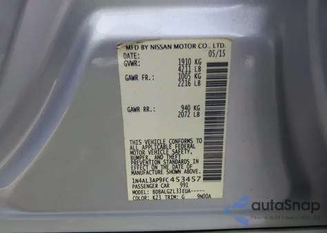 2015 Nissan Altima 2.5/2.5 S/2.5 Sl/2.5 Sv from USA, damaged, VIN 1N4AL3AP9FC453457